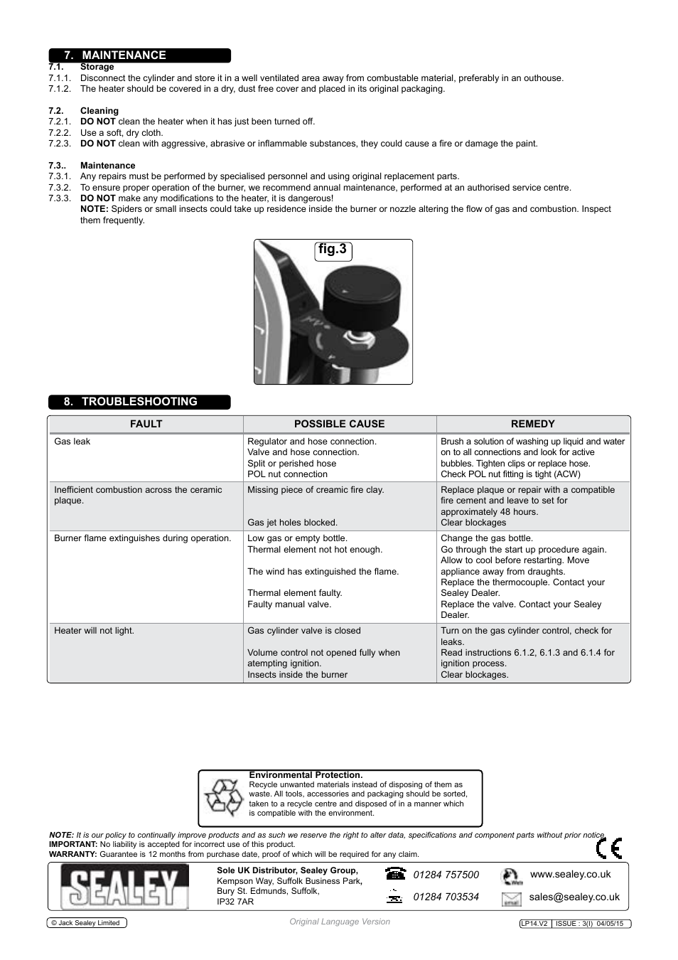 Fig.3, Maintenance, Troubleshooting | Sealey LP14 User Manual | Page 3 / 3