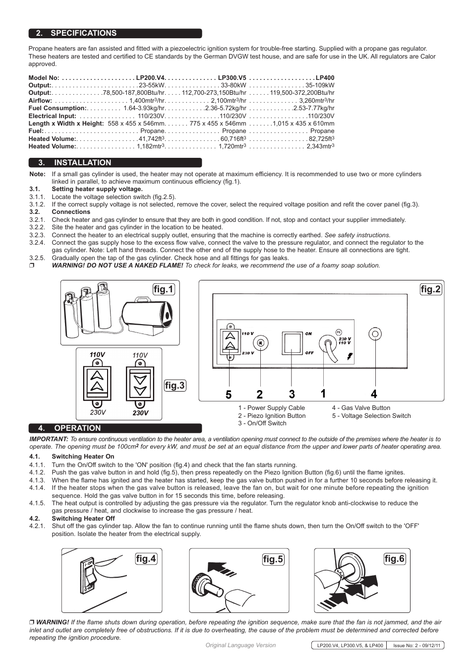 Installation, Specifications 4. operation | Sealey LP200 User Manual | Page 2 / 3