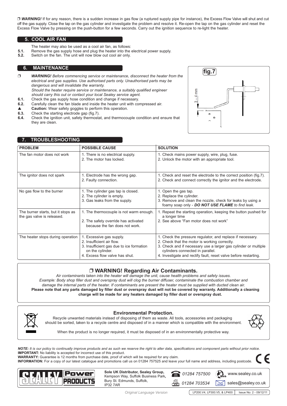 Fig.7, Warning! regarding air contaminants, Cool air fan 6. maintenance | Troubleshooting, Environmental protection | Sealey LP200 User Manual | Page 3 / 3