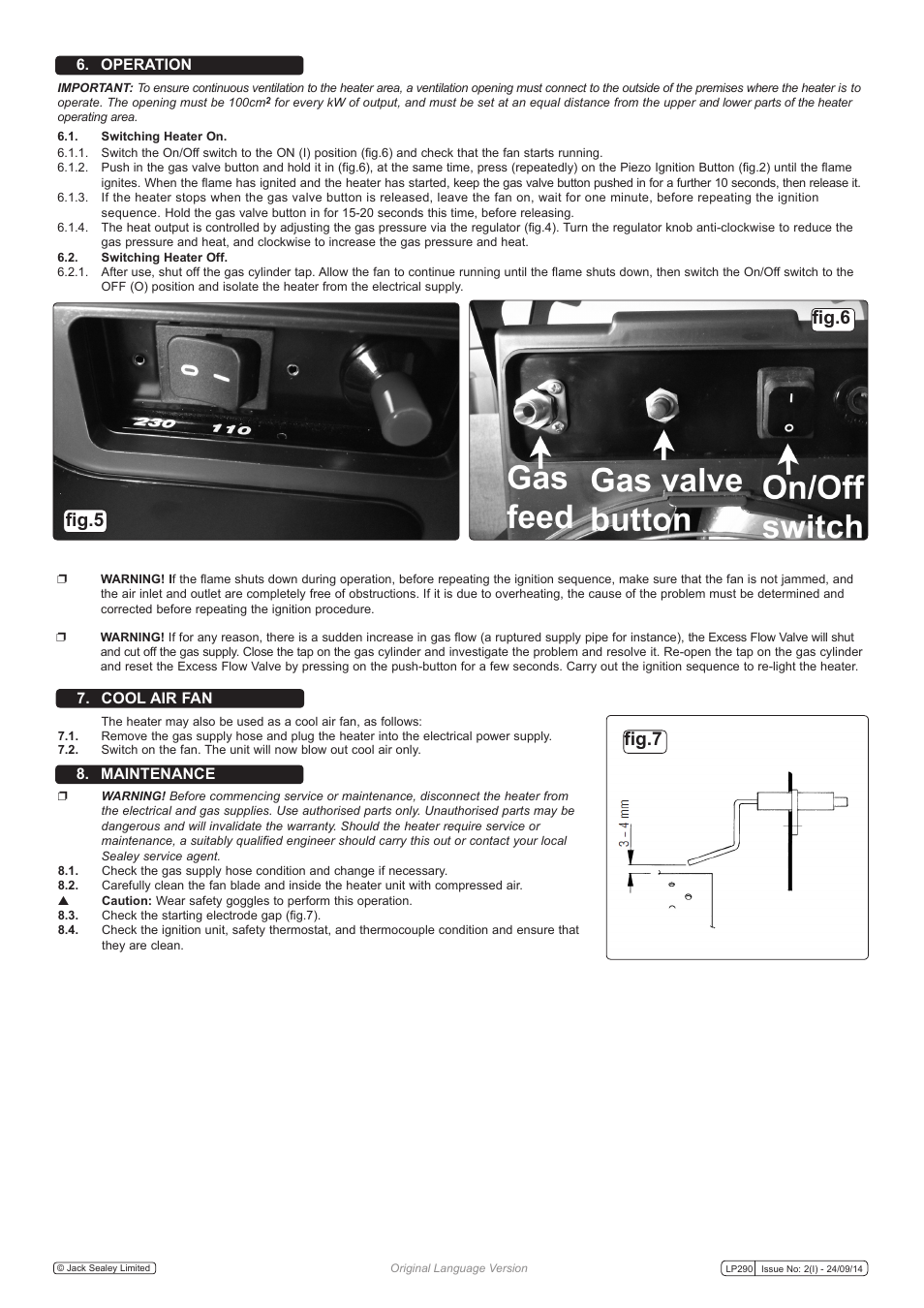 Fig.7, Fig.5 fig.6, Operation 7. cool air fan 8. maintenance | Sealey LP290 User Manual | Page 3 / 4