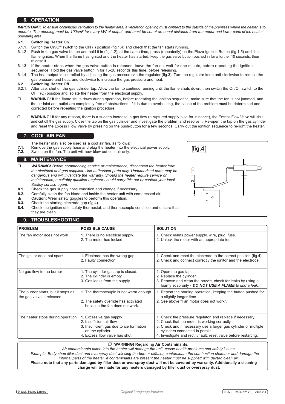 Fig.4, Operation 7. cool air fan 8. maintenance, Troubleshooting | Sealey LP370 User Manual | Page 3 / 4