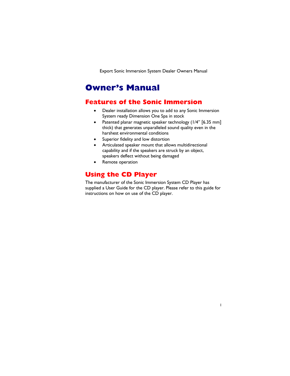 Owner’s manual, Features of the sonic immersion, Using the cd player | Eatures of the, Onic, Mmersion, Sing the, Cd p, Layer | Dimension One Spas 01510-1030E Rev A User Manual | Page 5 / 54