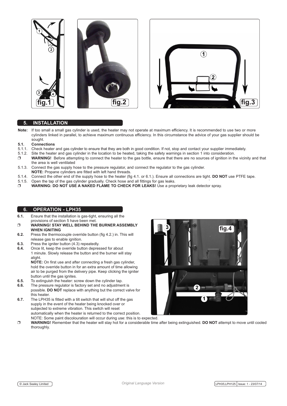 Fig.1 fig.2 fig.3, Fig.4, Installation | Operation - lph35 | Sealey LPH125 User Manual | Page 2 / 3