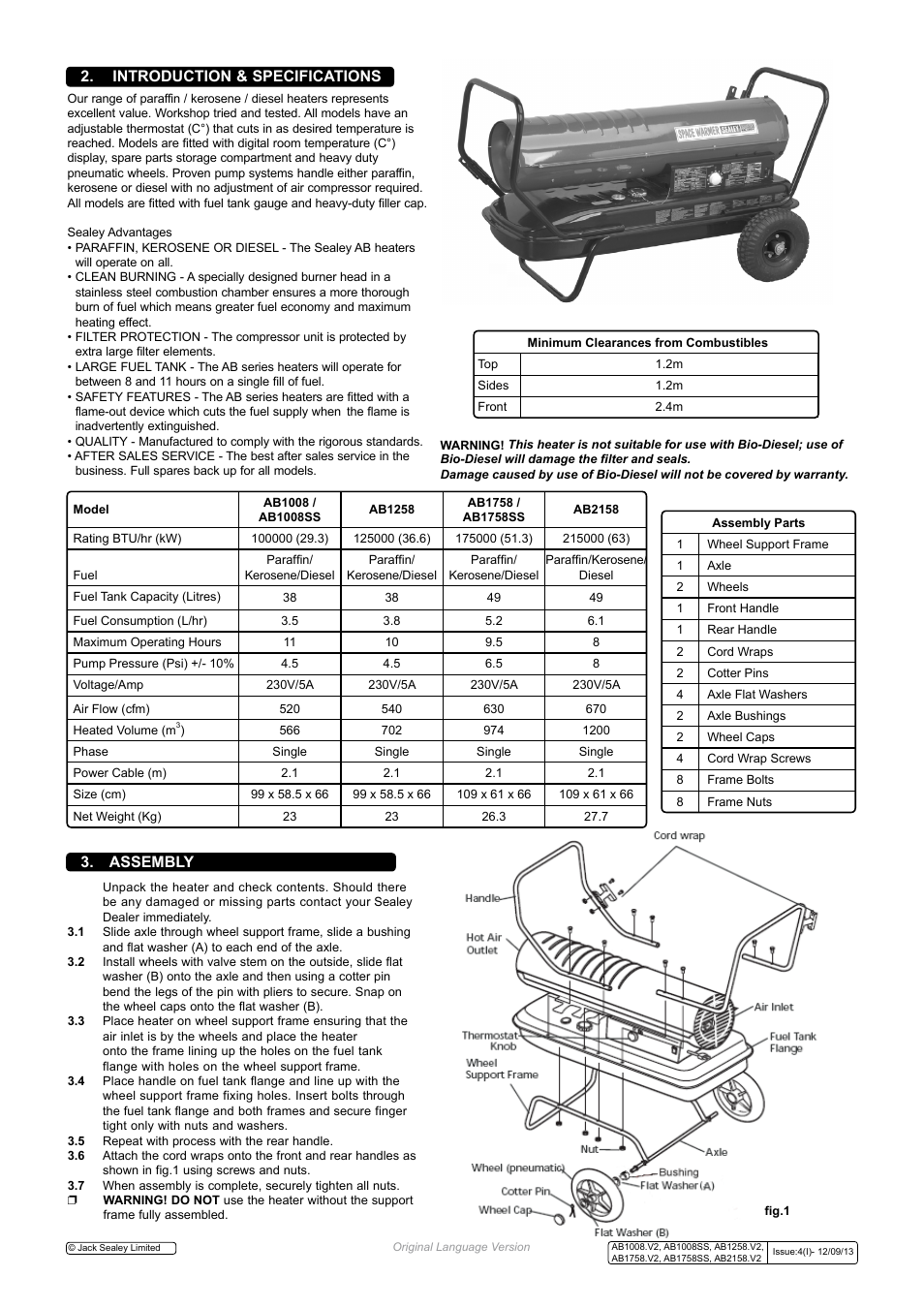 Introduction & specifications 3. assembly | Sealey AB1008 User Manual | Page 2 / 6