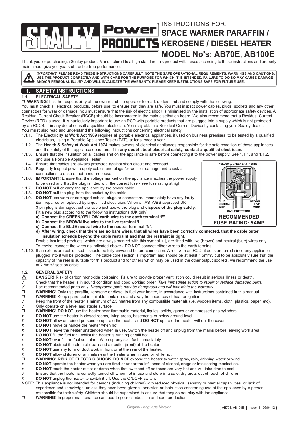 Sealey AB100E User Manual | 6 pages