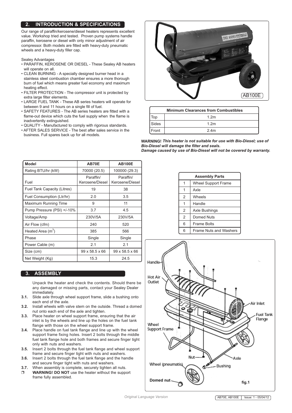 Introduction & specifications 3. assembly, Ab100e | Sealey AB100E User Manual | Page 2 / 6