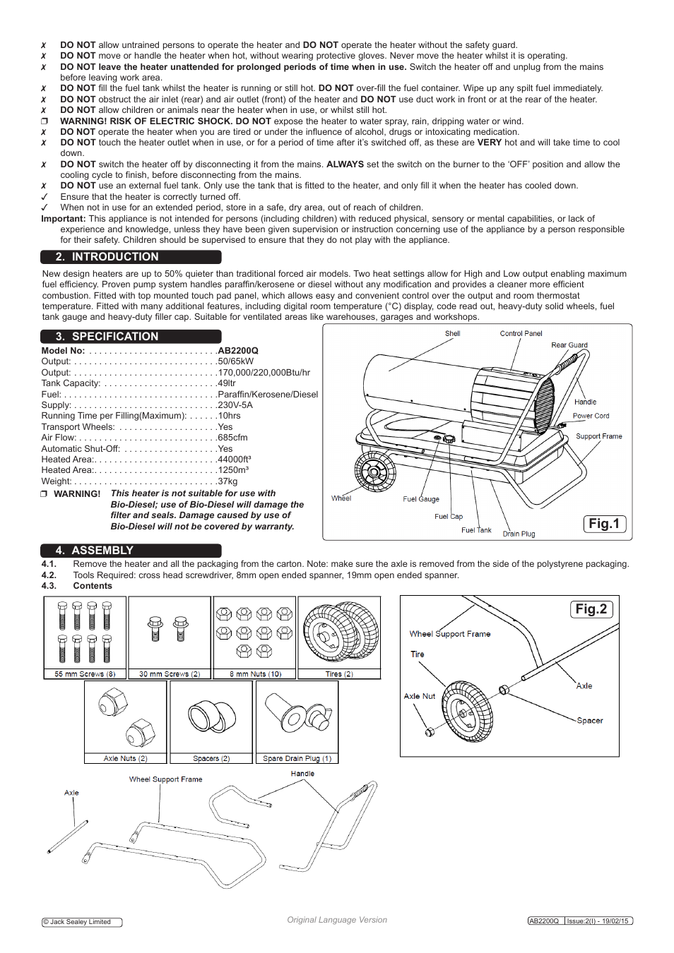 Fig.1, Fig.2, Introduction 3. specification | Assembly | Sealey AB2200Q User Manual | Page 2 / 6