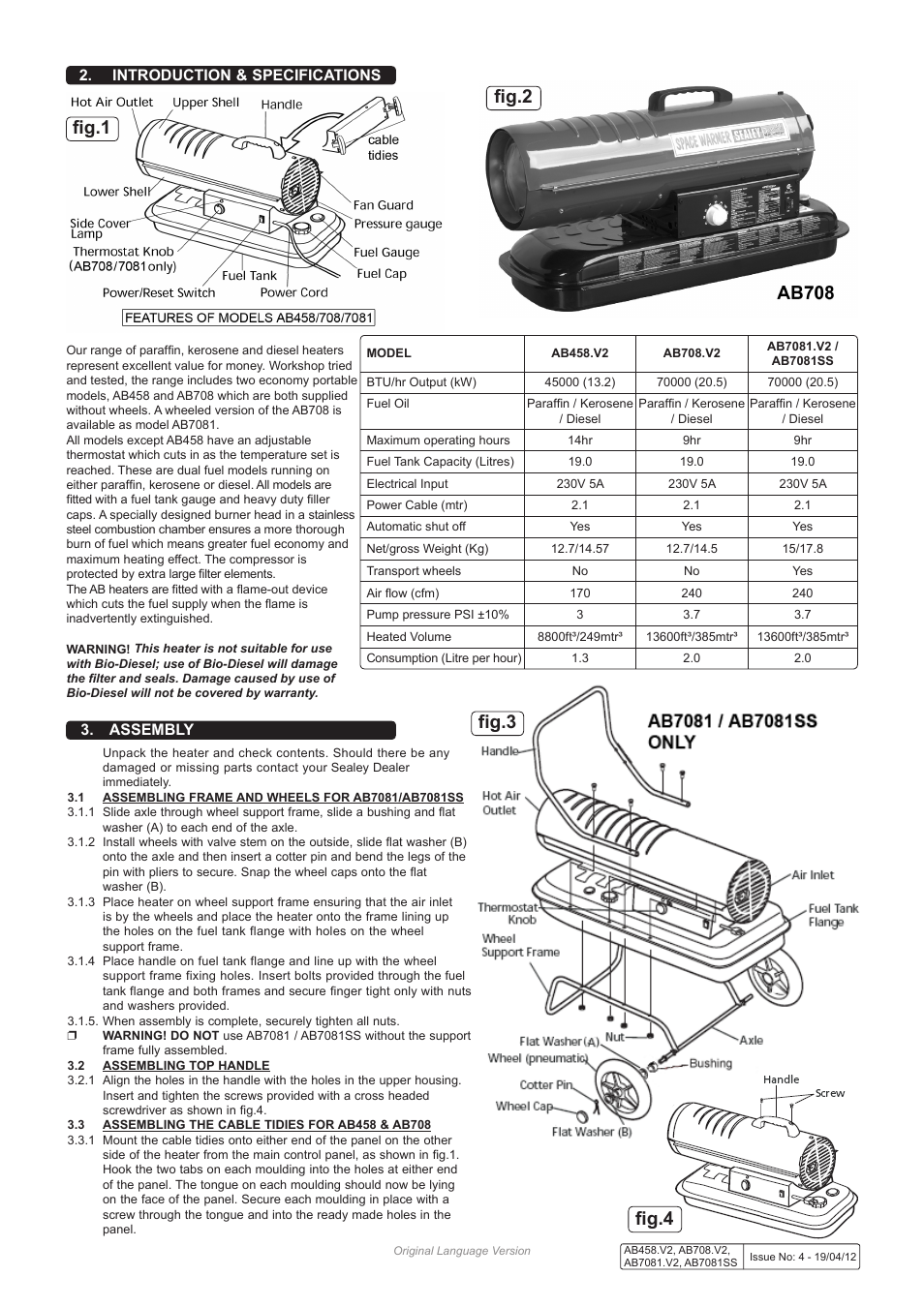 Fig. 1, Fig.1 fig.2 fig.4 fig.3, Introduction & specifications 3. assembly | Sealey AB458 User Manual | Page 2 / 6
