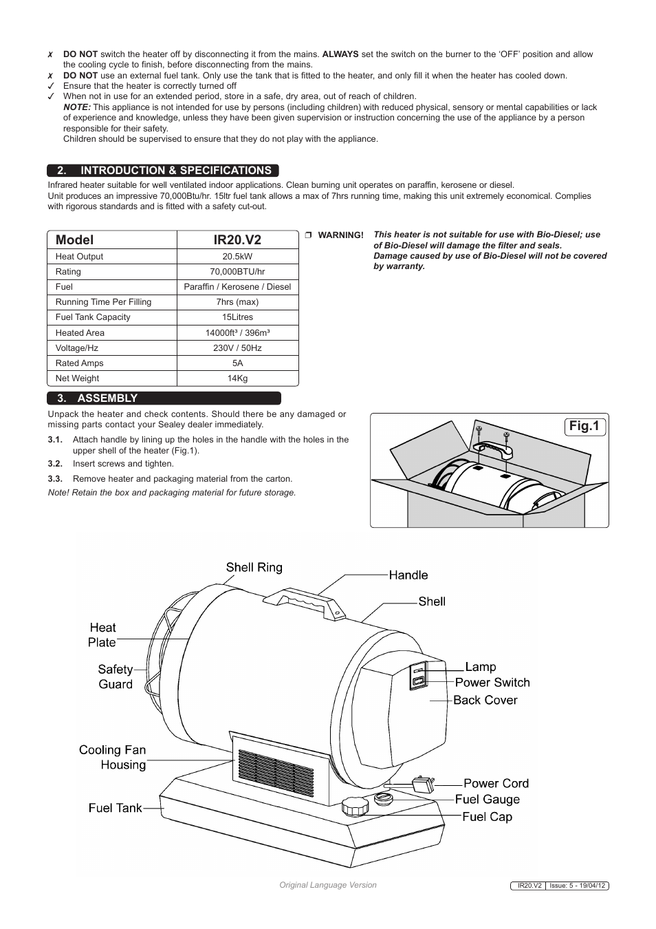 Model ir20.v2, Fig.1, Introduction & specifications 3. assembly | Sealey IR20 User Manual | Page 2 / 5