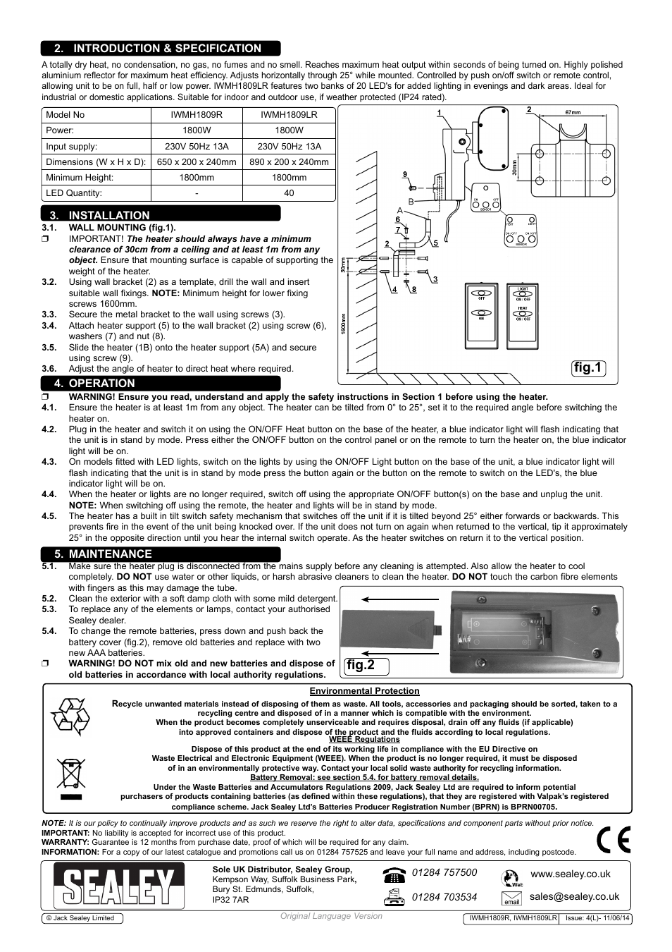 Fig.1 fig.2, Installation, Introduction & specification | Operation 5. maintenance | Sealey IWMH1809LR User Manual | Page 2 / 2