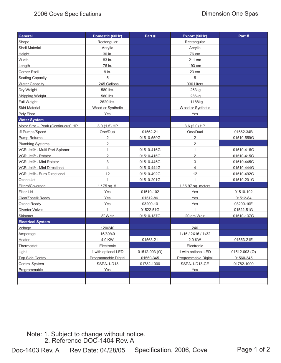 Dimension One Spas Cove User Manual | 2 pages