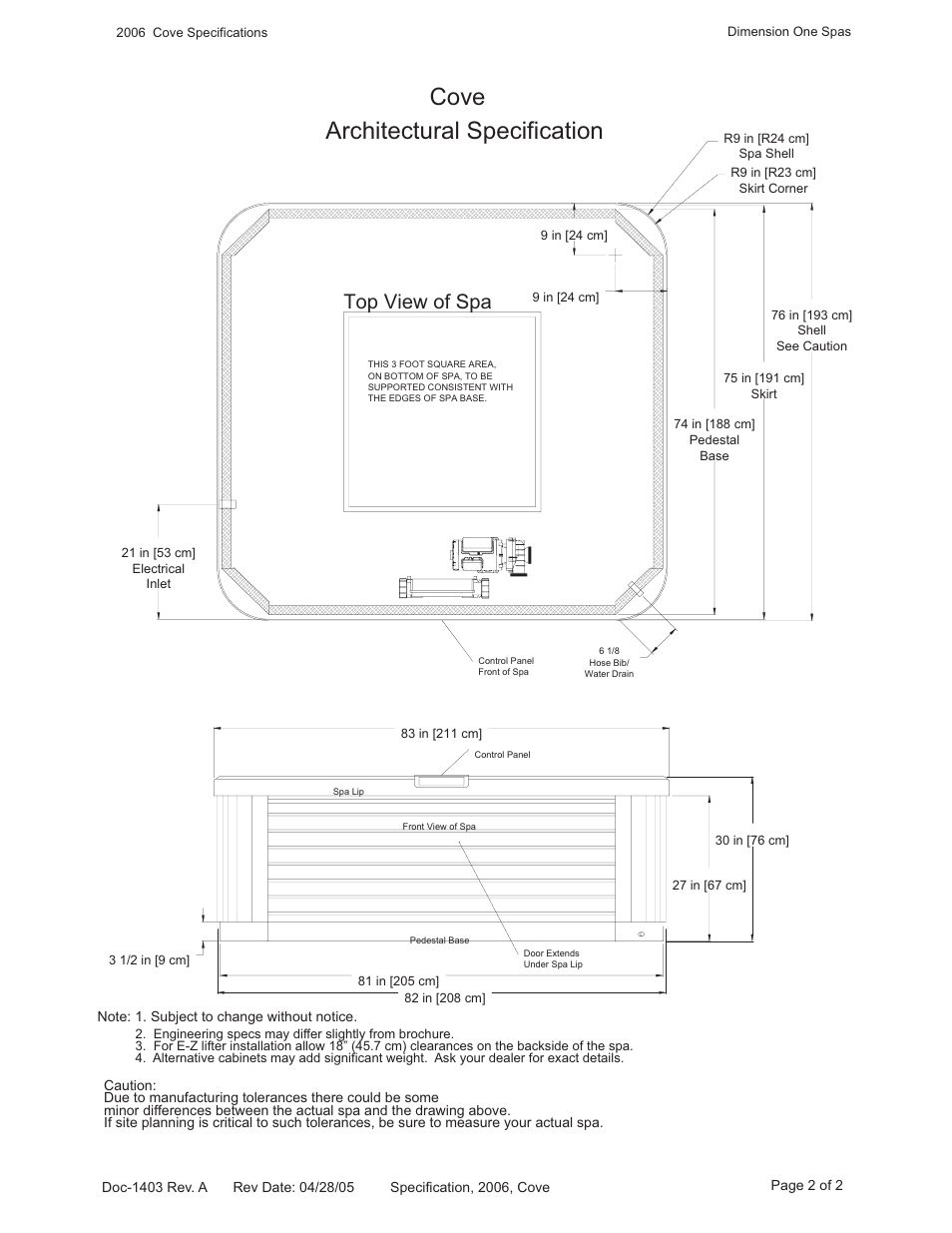 Architectural specification, Cove, Top view of spa | Dimension One Spas Cove User Manual | Page 2 / 2