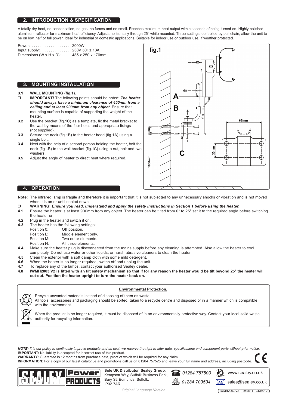 Fig.1, Mounting installation, Introduction & specification | Operation | Sealey IWMH2003 User Manual | Page 2 / 4