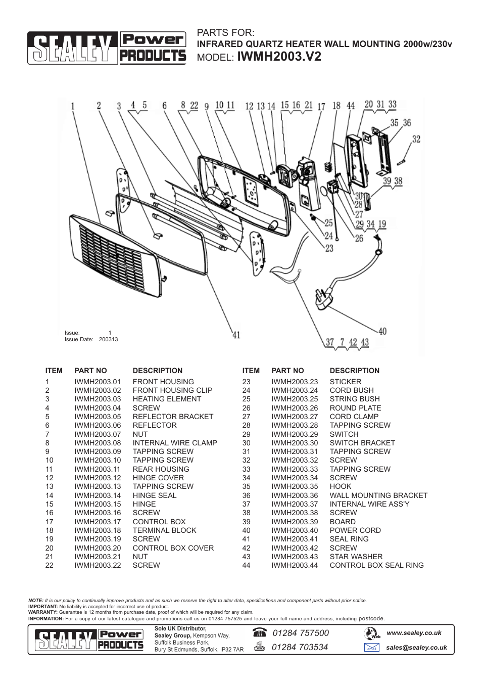 Parts for, Model | Sealey IWMH2003 User Manual | Page 4 / 4