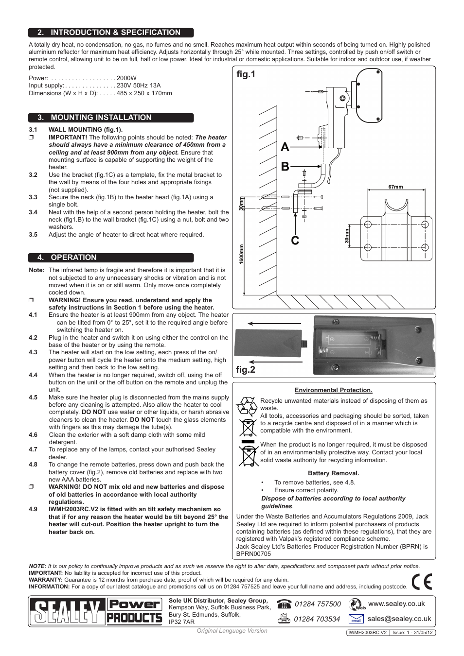 Fig.1 fig.2, Mounting installation, Introduction & specification | Operation | Sealey IWMH2003RC User Manual | Page 2 / 2