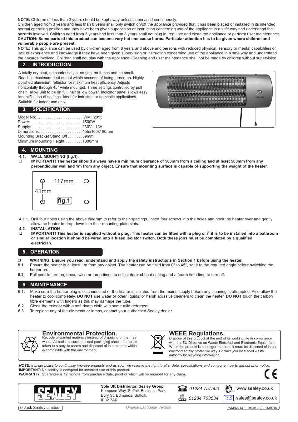 Fig.1, Environmental protection, Weee regulations | Mounting, Introduction 3. specification, Operation 6. maintenance | Sealey IWMH2013 User Manual | Page 2 / 2