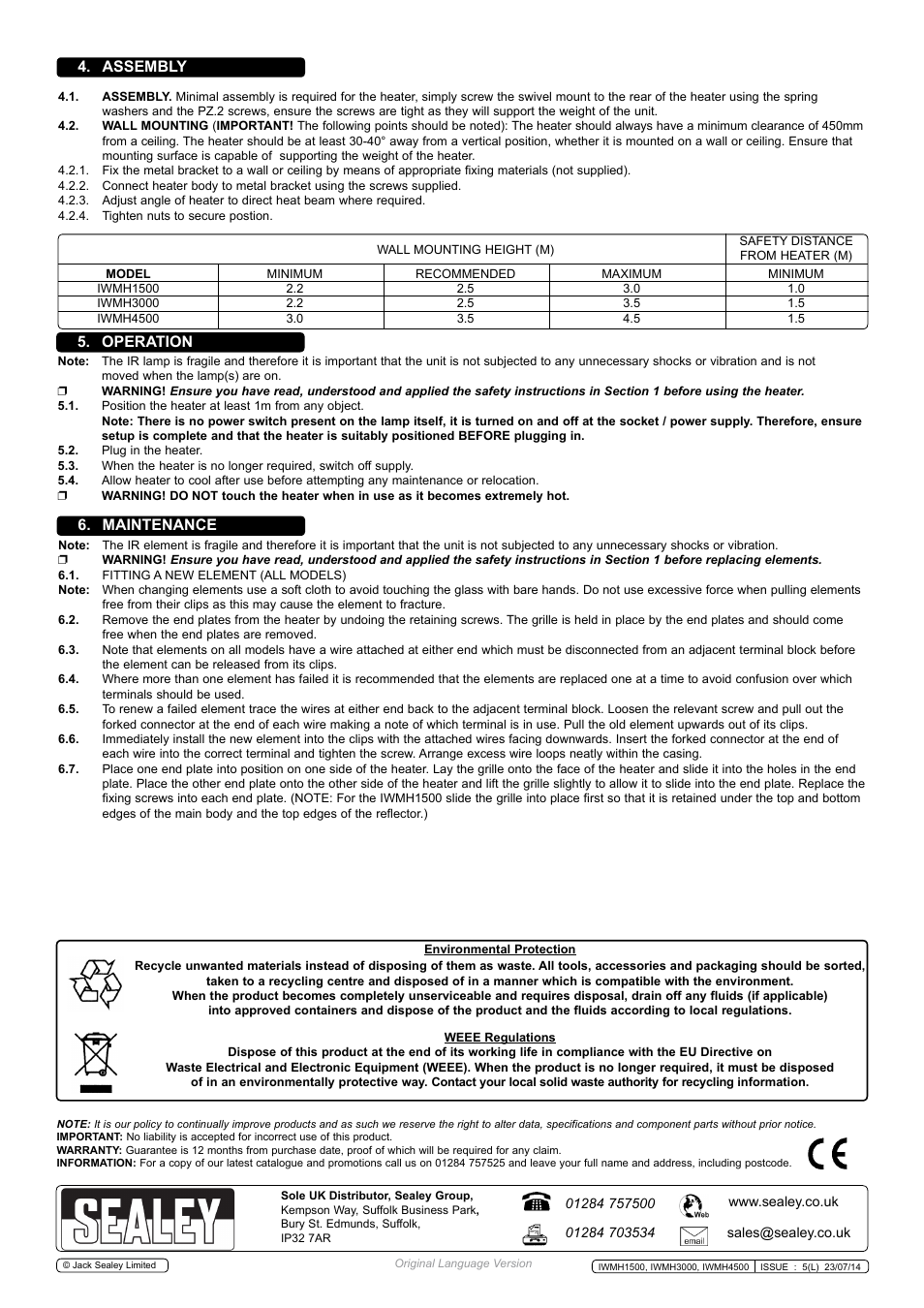 Assembly 5. operation 6. maintenance | Sealey IWMH3000 User Manual | Page 3 / 3