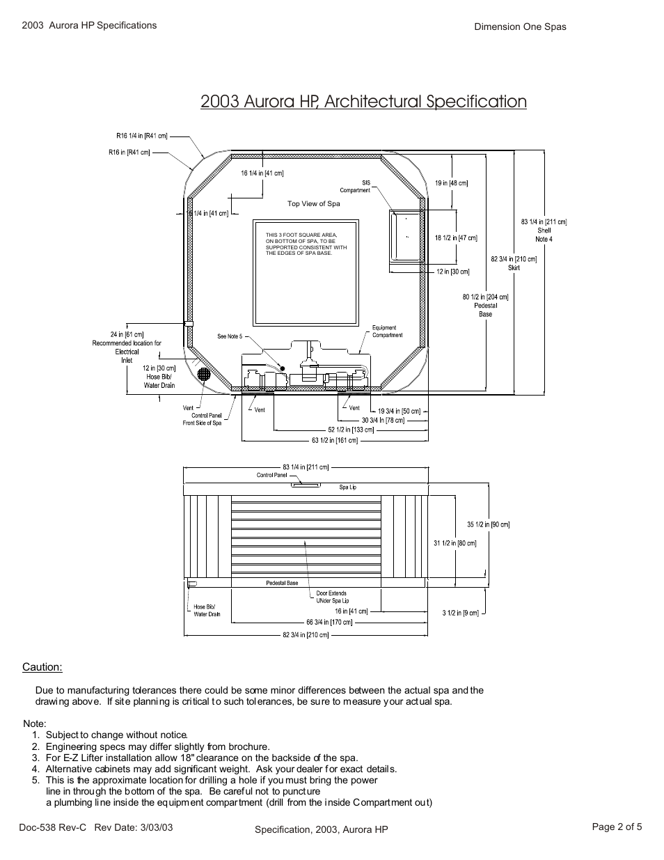 2003 aurora hp, architectural specification | Dimension One Spas Aurora HP User Manual | Page 2 / 2