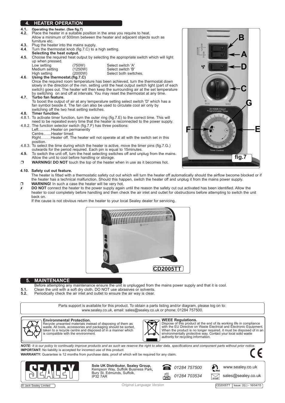 Fig.7, Cd2005tt, Maintenance | Heater operation | Sealey CD2005TT User Manual | Page 3 / 3