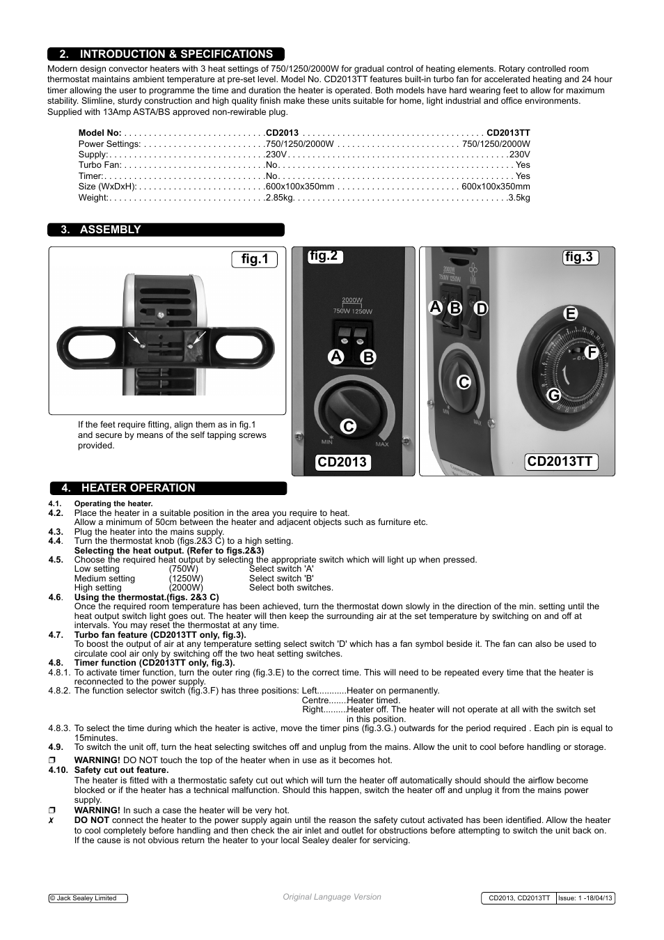 Fig.1, Fig.3 fig.2, Assembly | Introduction & specifications, Heater operation | Sealey CD2013 User Manual | Page 2 / 3