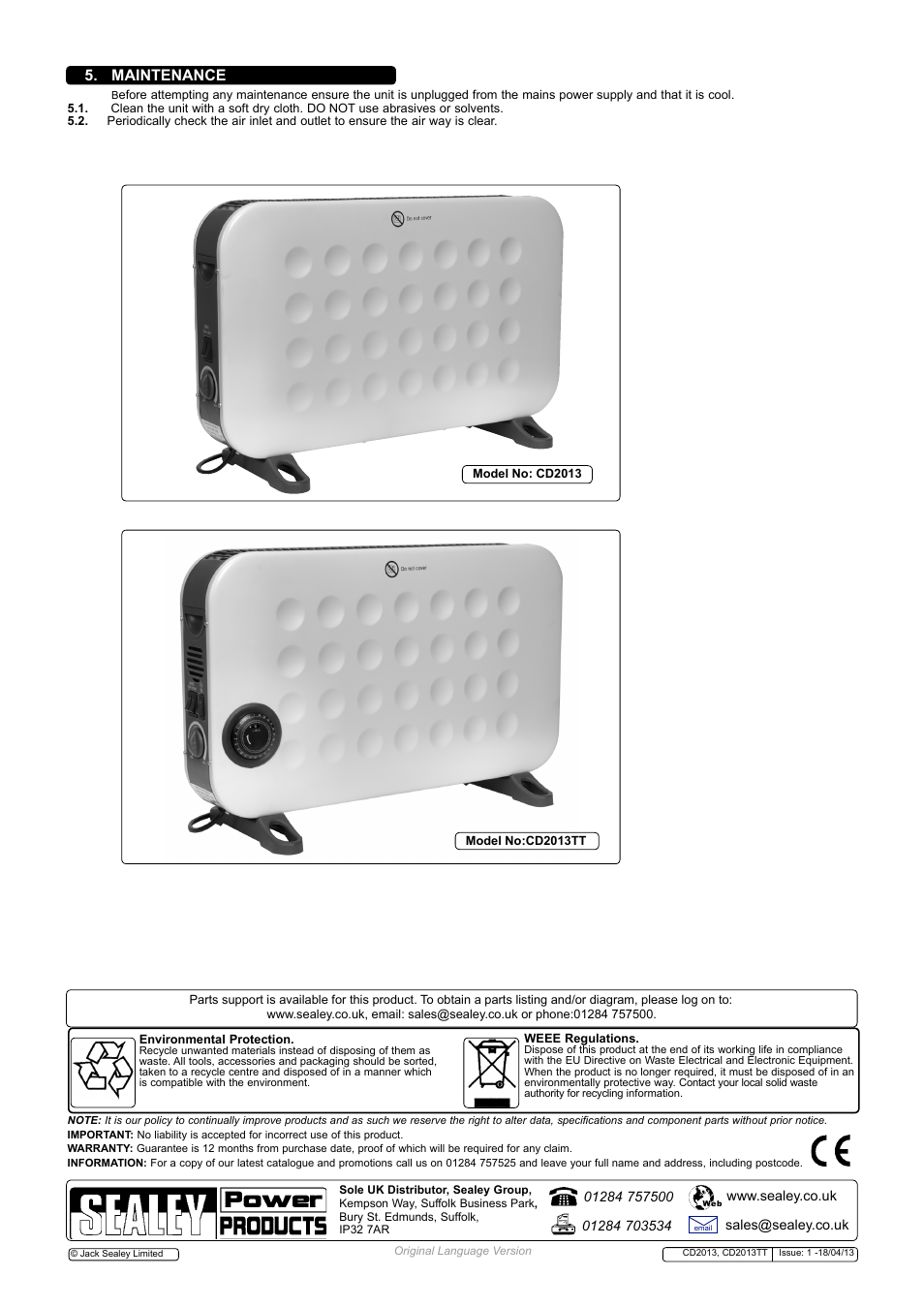 Maintenance | Sealey CD2013 User Manual | Page 3 / 3