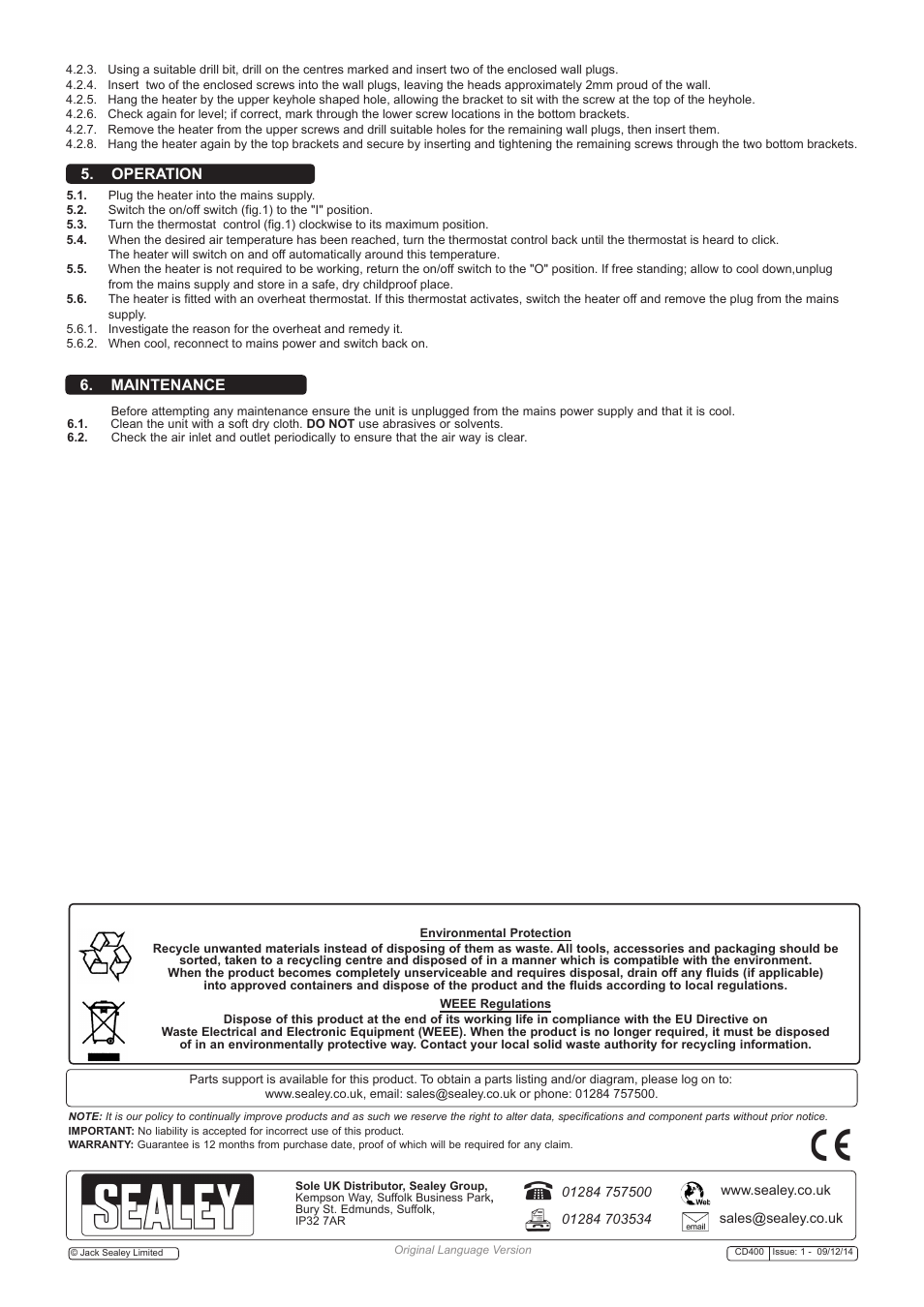 Operation 6. maintenance | Sealey CD400 User Manual | Page 3 / 3