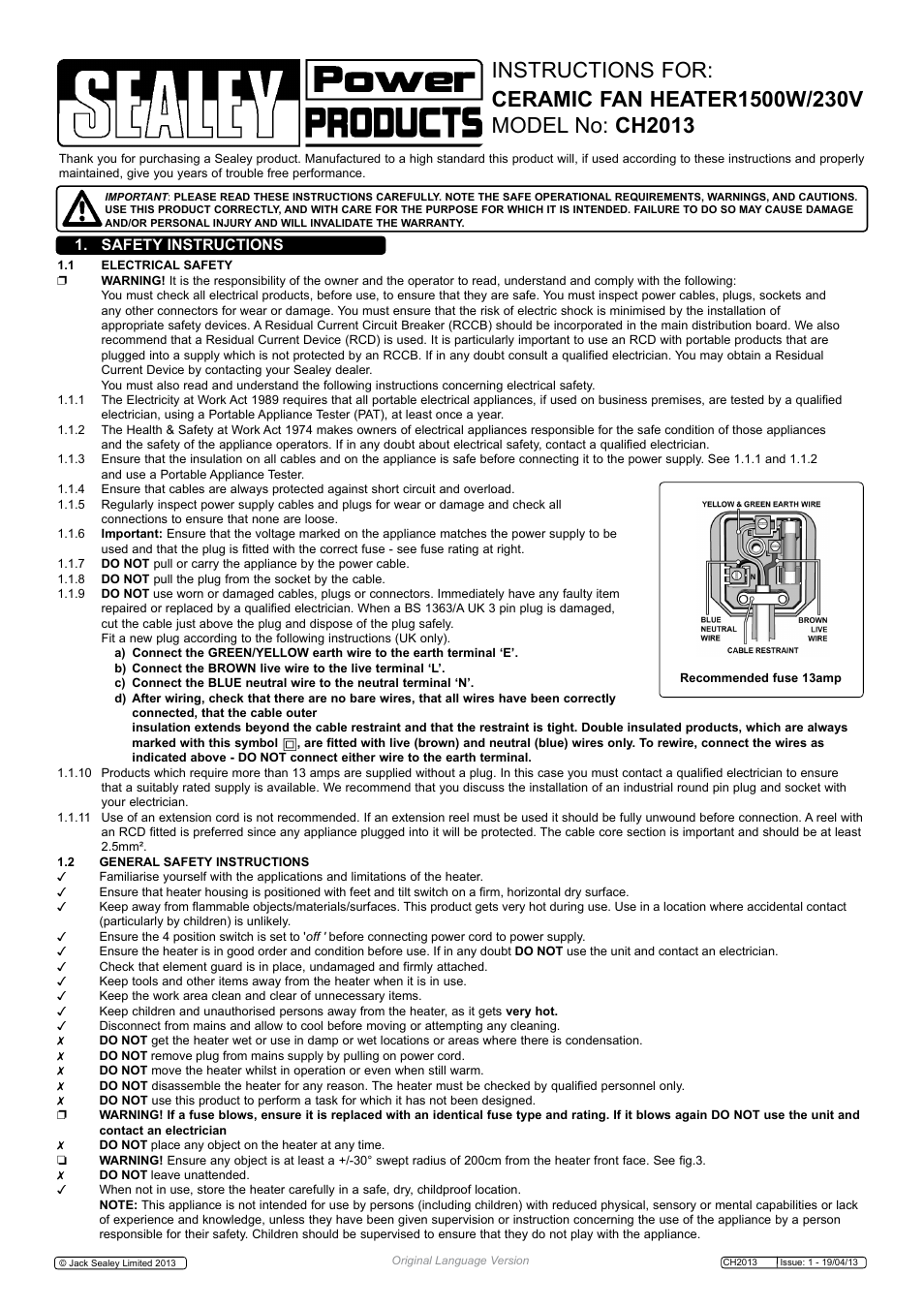 Sealey CH2013 User Manual | 3 pages