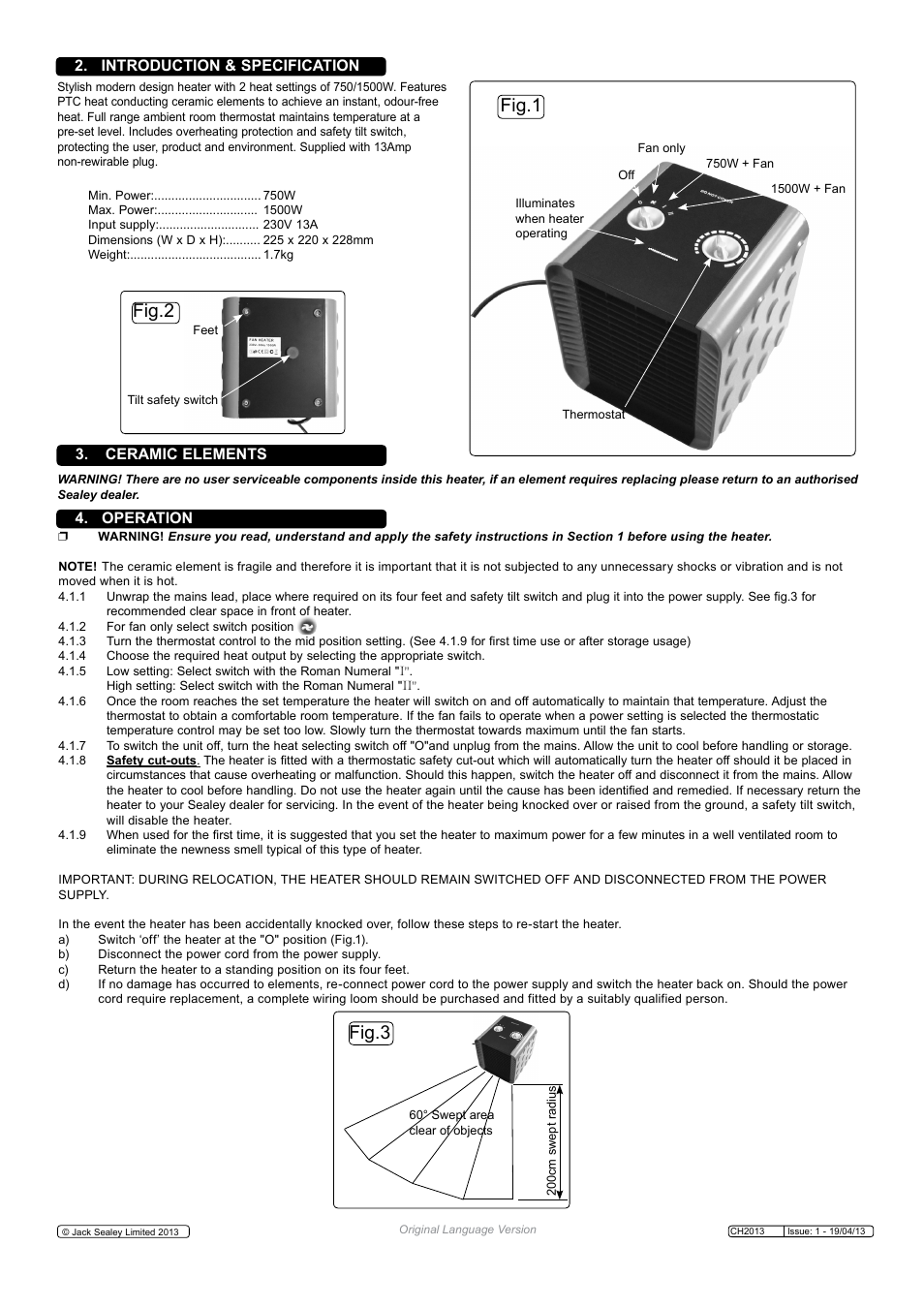 Fig.1 fig.2, Fig.3, Ceramic elements | Introduction & specification, Operation | Sealey CH2013 User Manual | Page 2 / 3