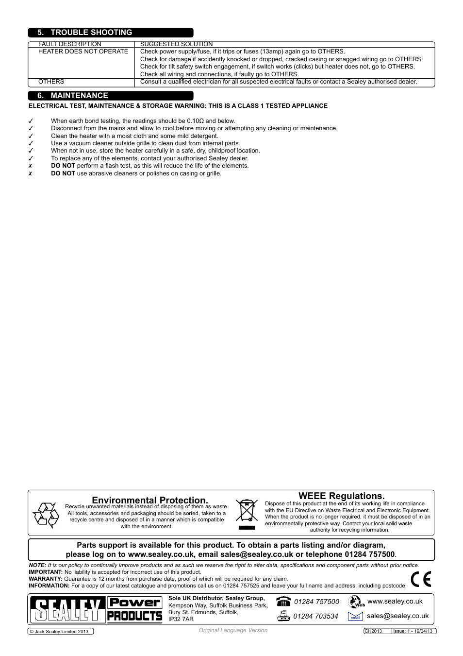 Environmental protection, Weee regulations | Sealey CH2013 User Manual | Page 3 / 3