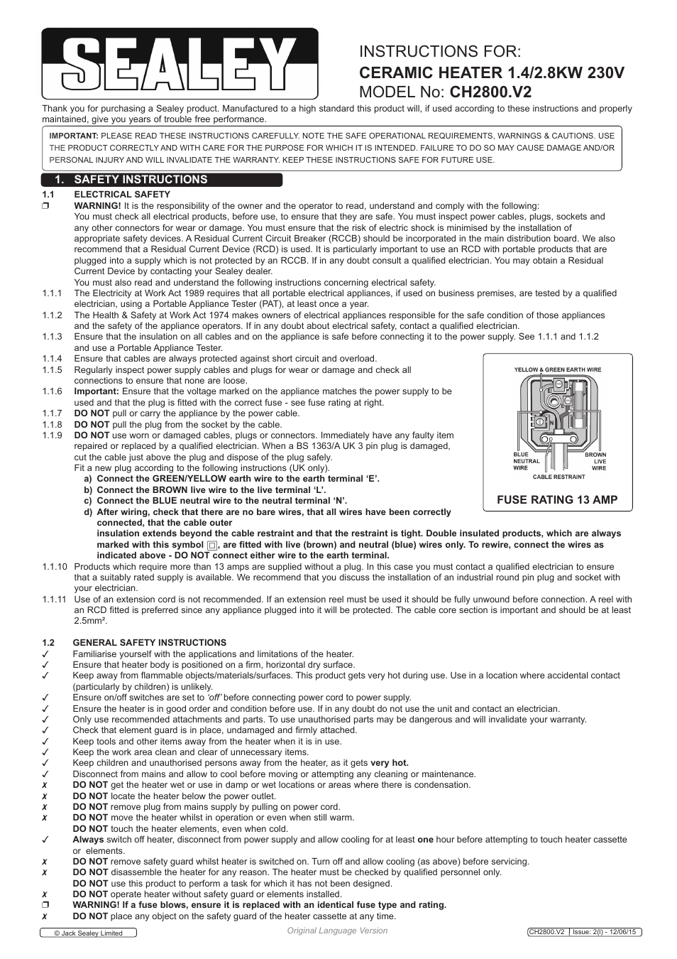 Sealey CH2800 User Manual | 3 pages