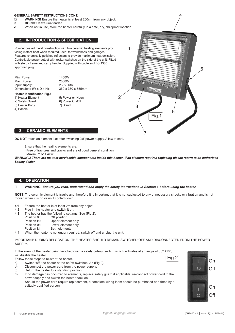 Fig.1 fig.2, Off on on | Sealey CH2800 User Manual | Page 2 / 3