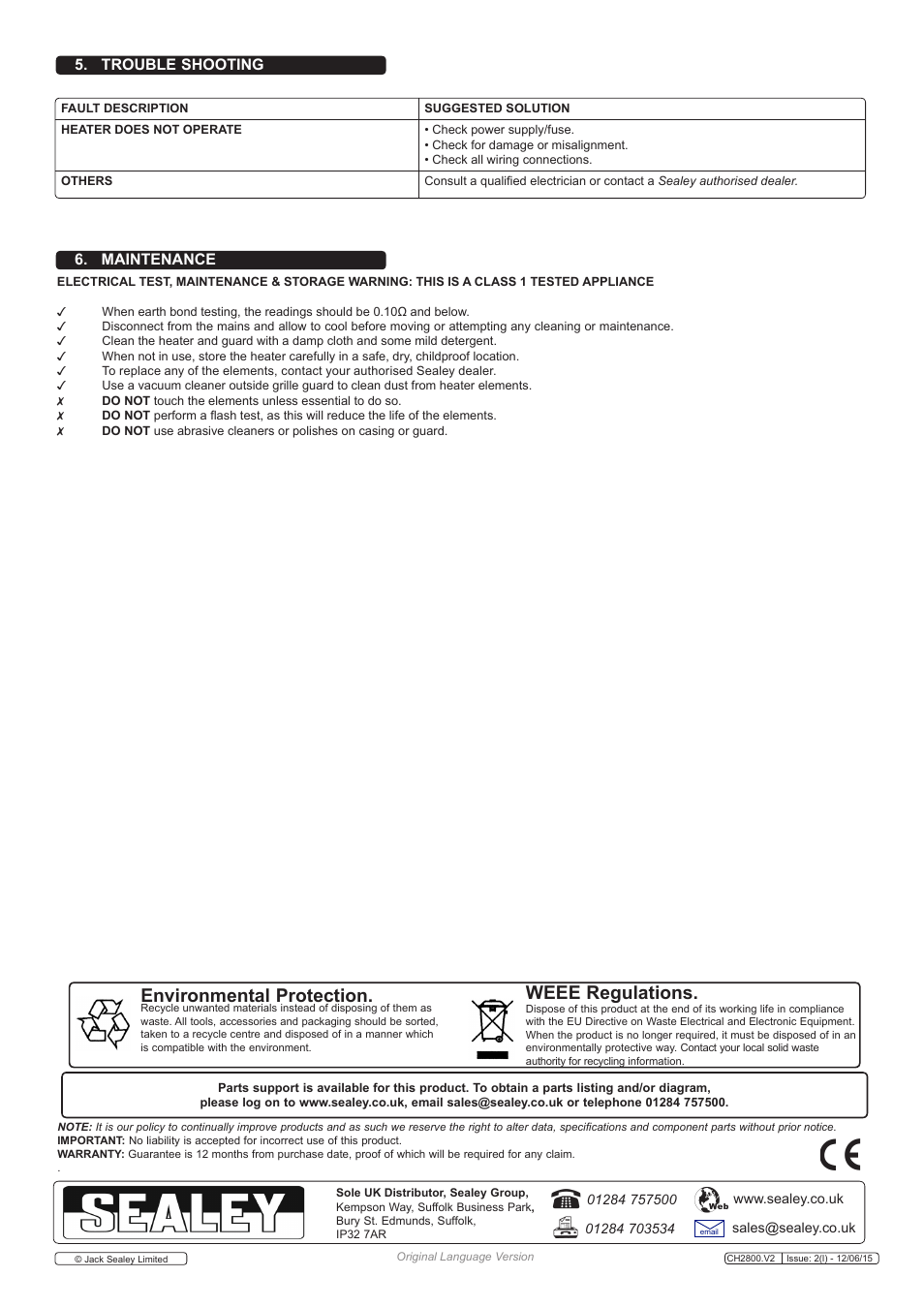 Environmental protection, Weee regulations, Trouble shooting 6. maintenance | Sealey CH2800 User Manual | Page 3 / 3