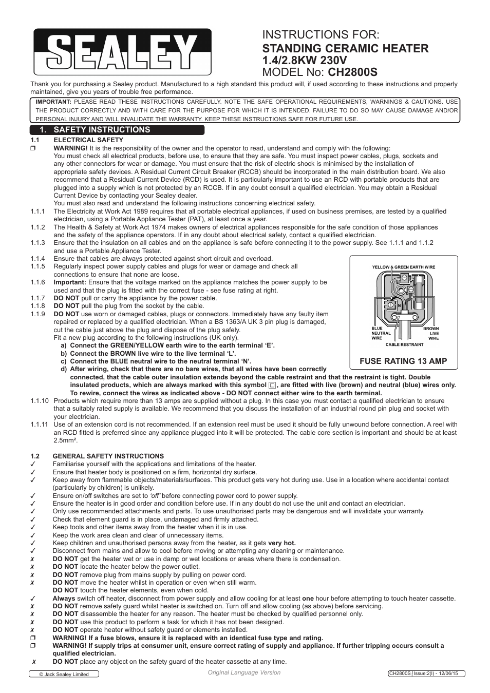 Sealey CH2800S User Manual | 3 pages