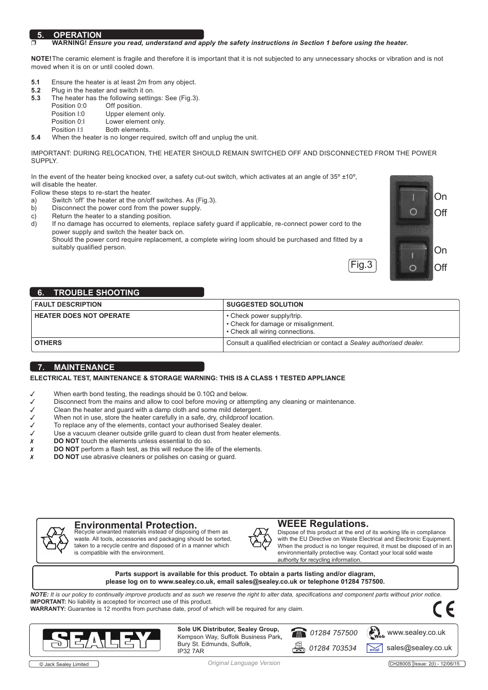 Environmental protection, Weee regulations, Off on on fig.3 | Trouble shooting 7. maintenance, Operation | Sealey CH2800S User Manual | Page 3 / 3