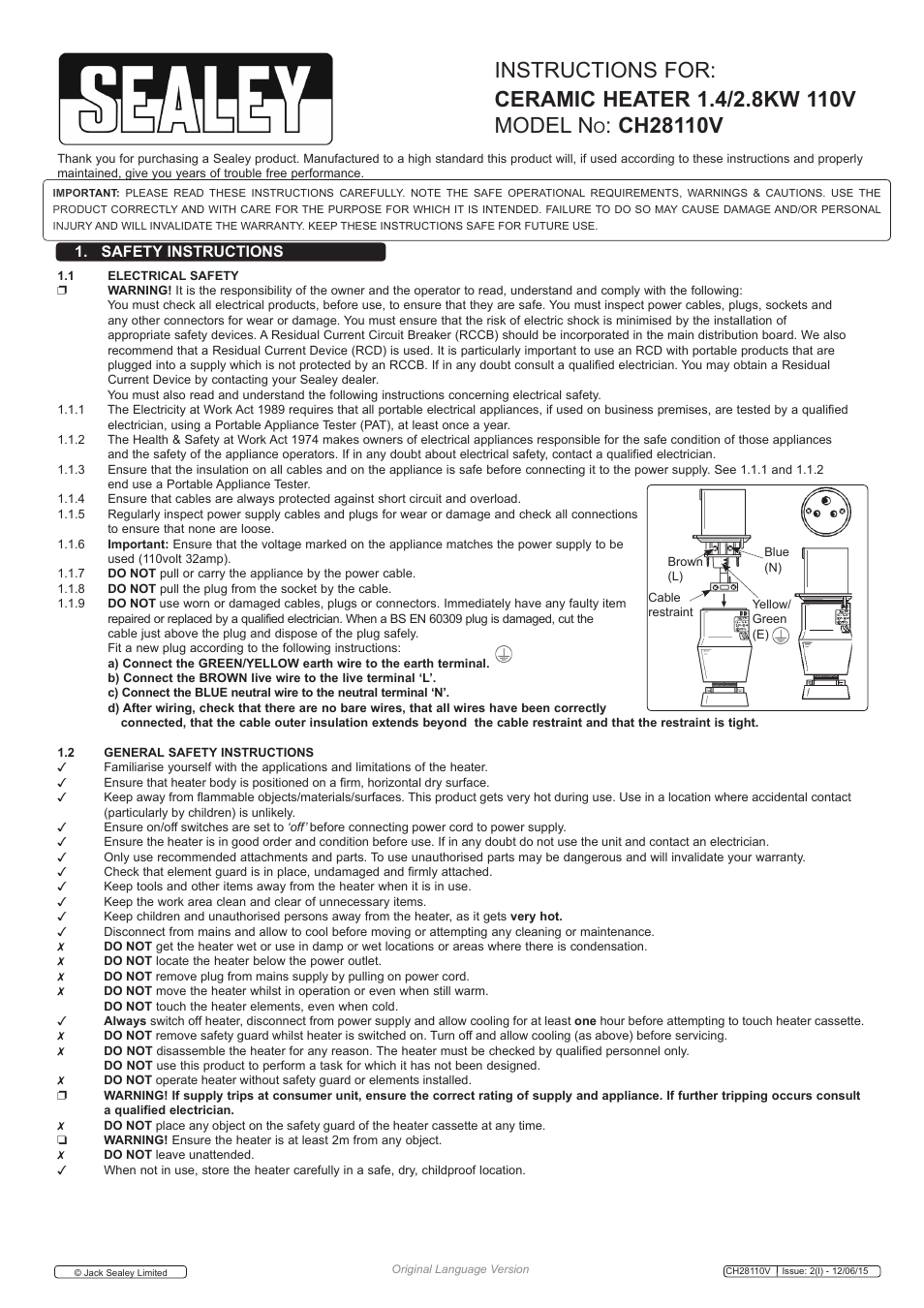 Sealey CH28110V User Manual | 3 pages