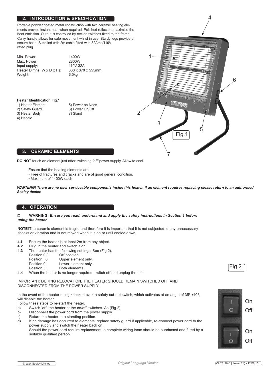 Fig.1, Off on on fig.2 | Sealey CH28110V User Manual | Page 2 / 3