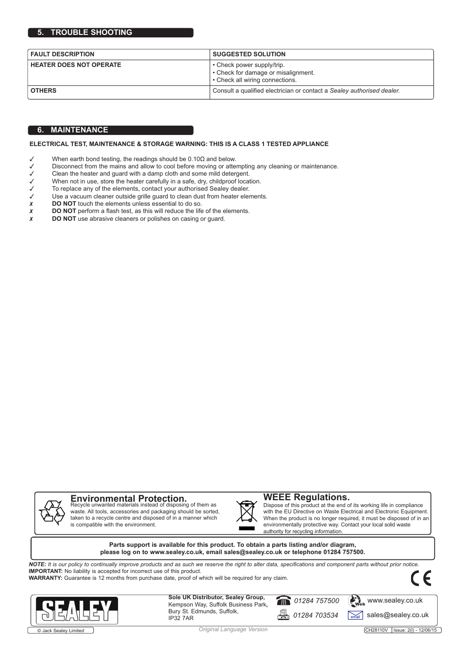 Environmental protection, Weee regulations, Trouble shooting 6. maintenance | Sealey CH28110V User Manual | Page 3 / 3