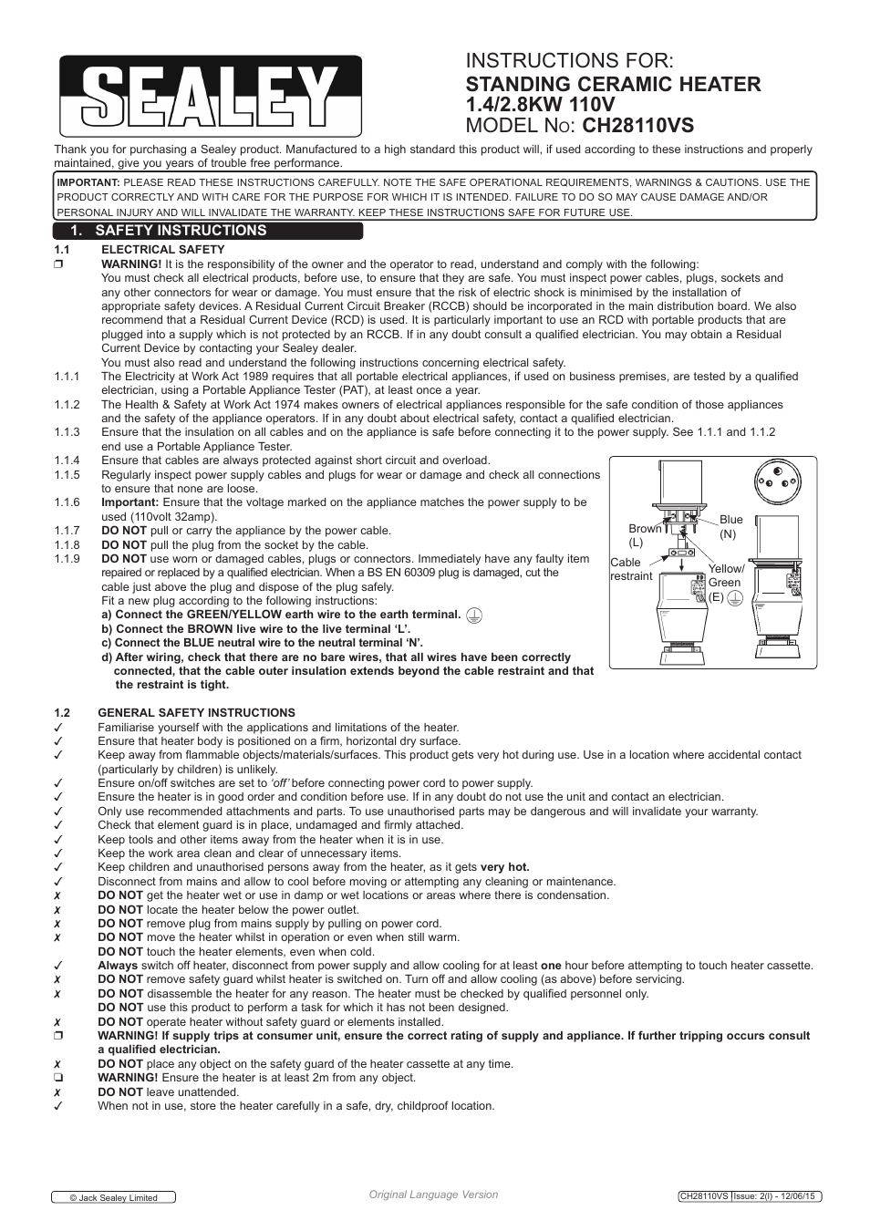 Sealey CH28110VS User Manual | 3 pages
