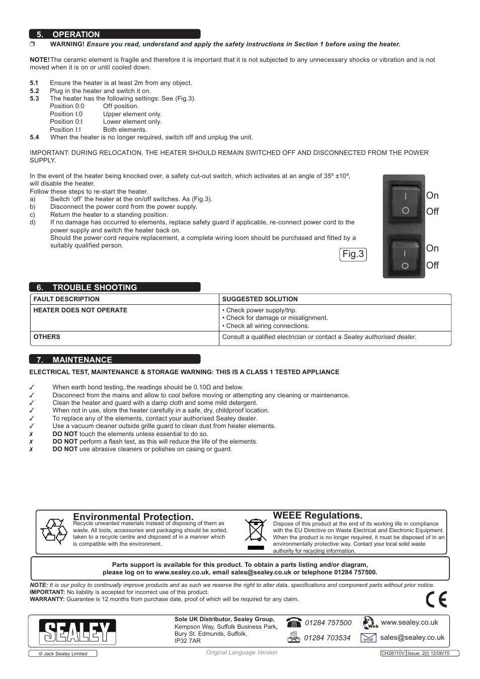 Environmental protection, Weee regulations, Fig.3 | Off on on, Trouble shooting 7. maintenance, Operation | Sealey CH28110VS User Manual | Page 3 / 3