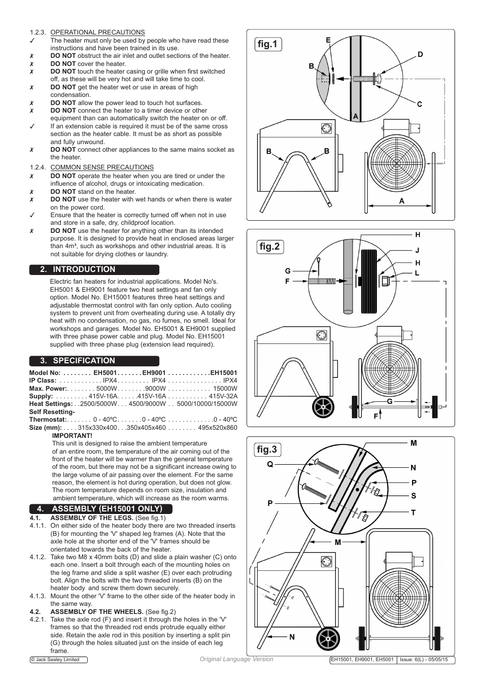 Fig.1 fig.2 fig.3, Introduction 3. specification | Sealey EH15001 User Manual | Page 2 / 4
