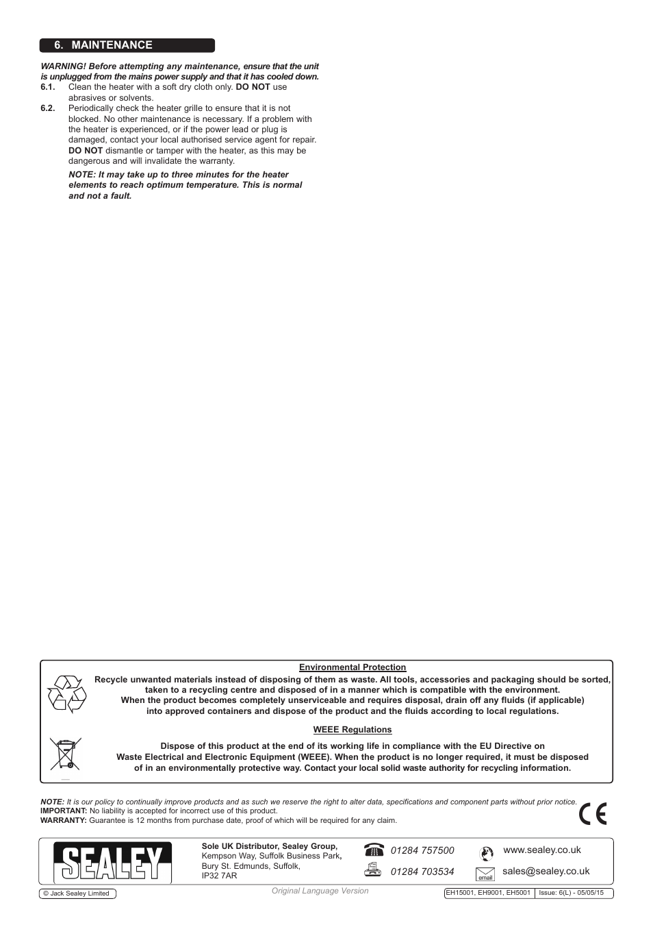 Maintenance | Sealey EH15001 User Manual | Page 4 / 4