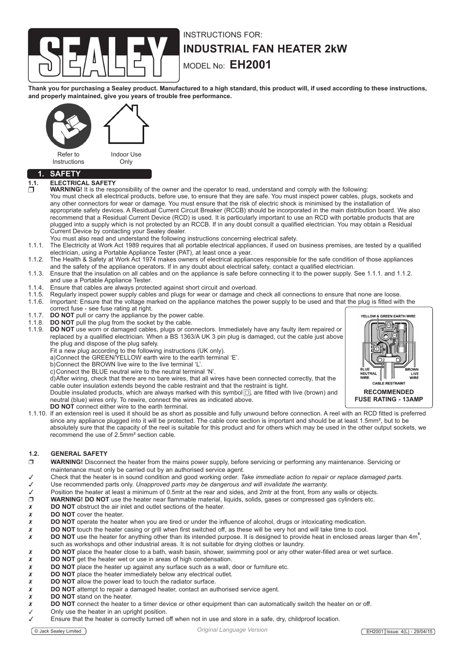 Sealey EH2001 User Manual | 2 pages