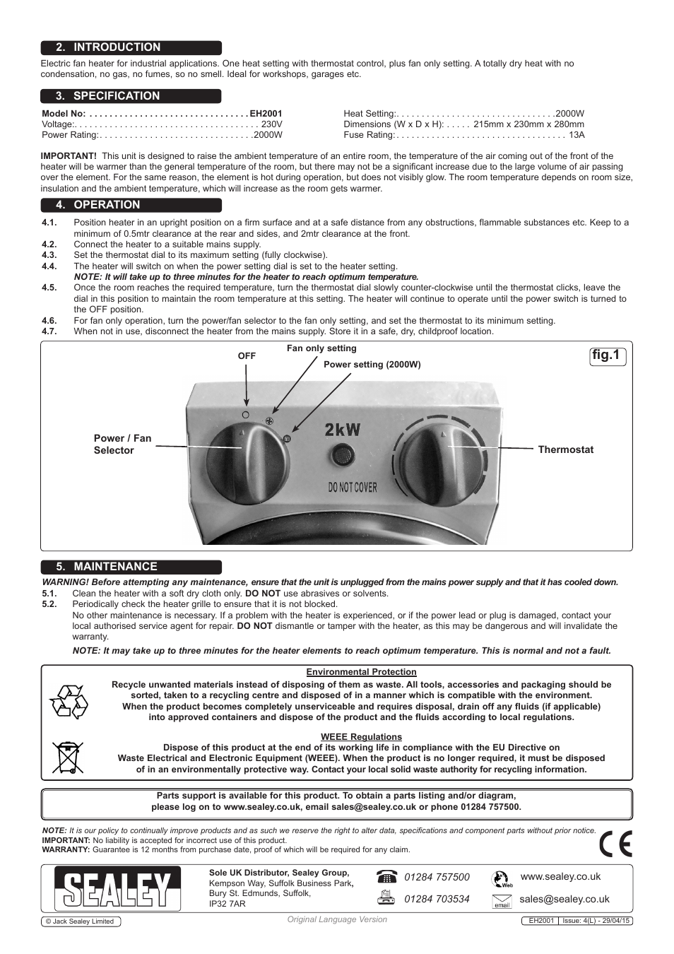 Fig.1 | Sealey EH2001 User Manual | Page 2 / 2