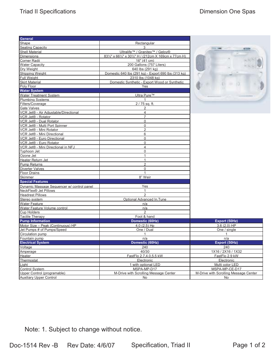 Dimension One Spas Triad II User Manual | 2 pages