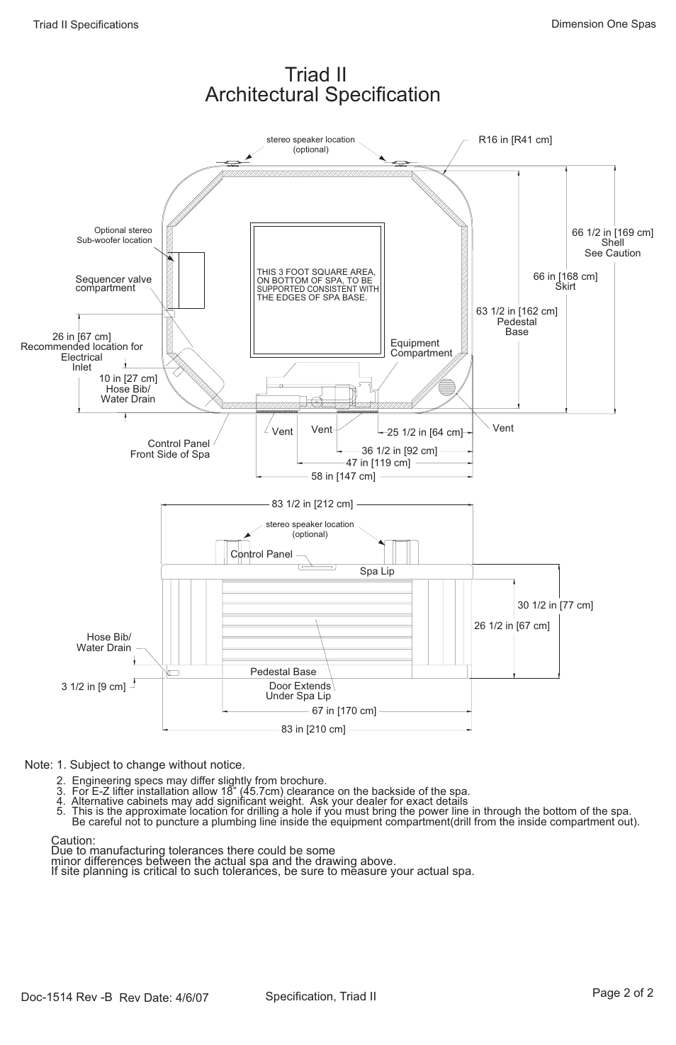 Triad ii, Architectural specification | Dimension One Spas Triad II User Manual | Page 2 / 2