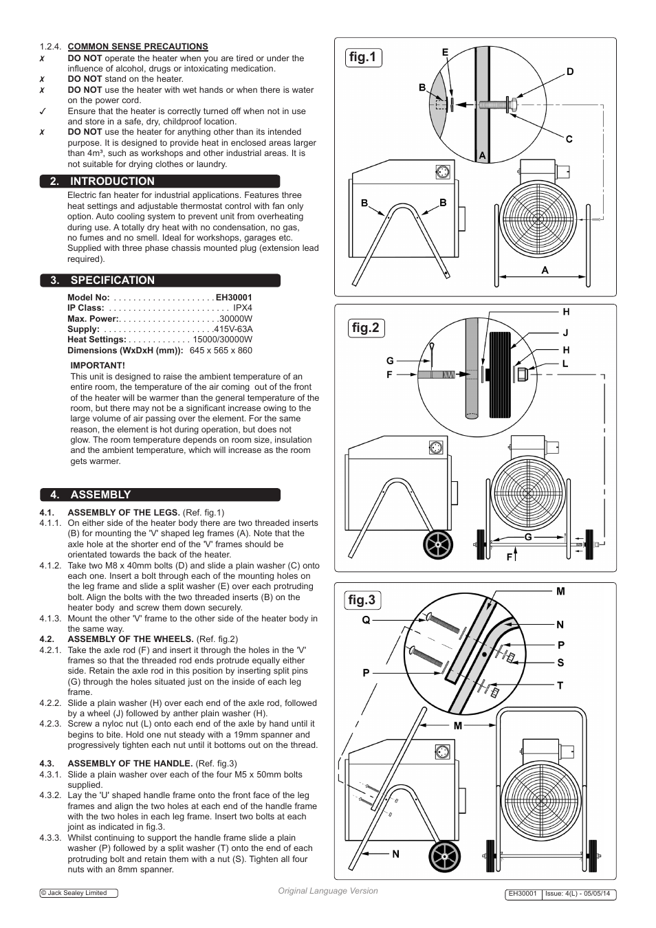 Fig.1 fig.2 fig.3, Introduction 3. specification 4. assembly | Sealey EH30001 User Manual | Page 2 / 3