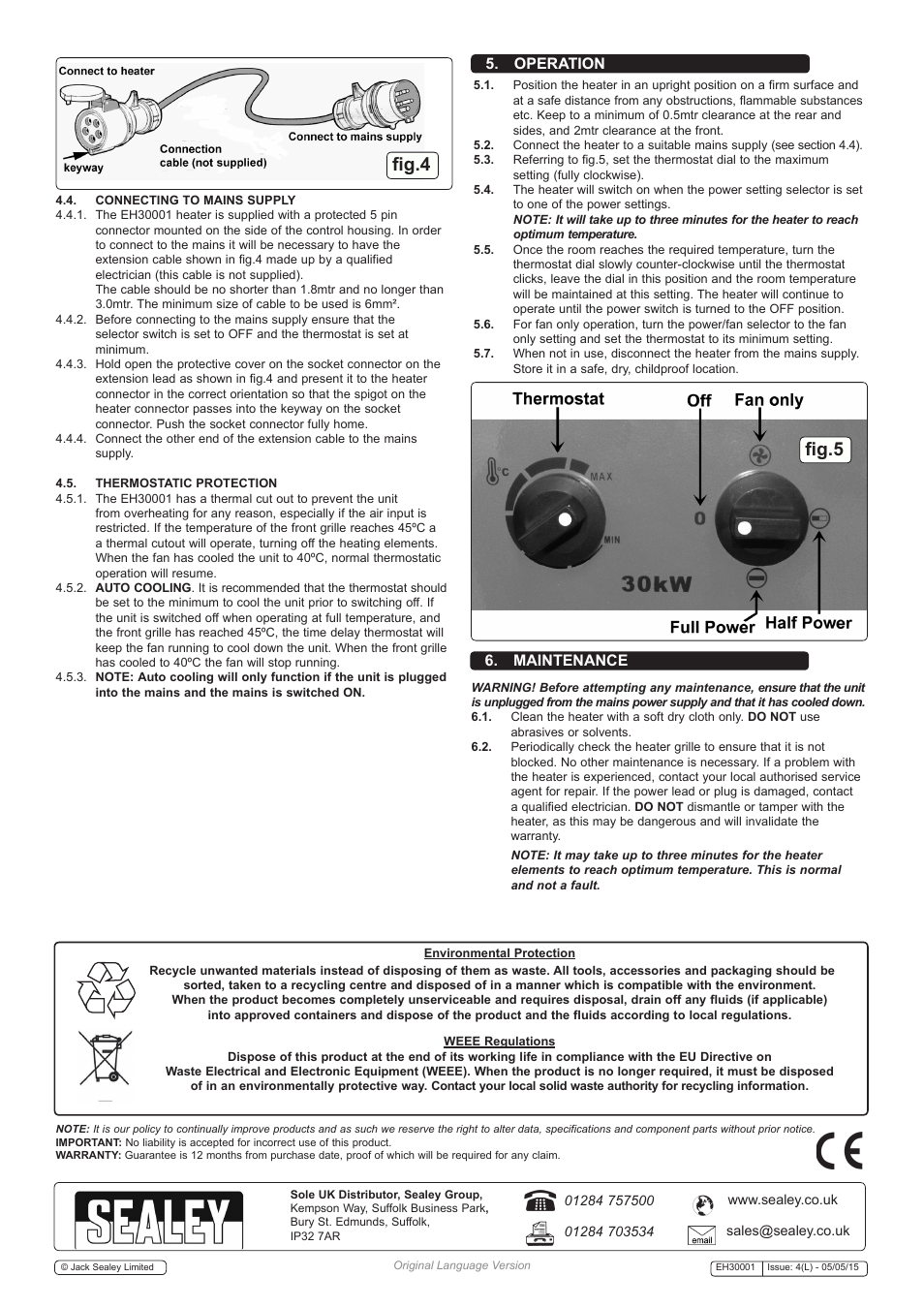 Fig.5 fig.4, Operation, Maintenance | Sealey EH30001 User Manual | Page 3 / 3