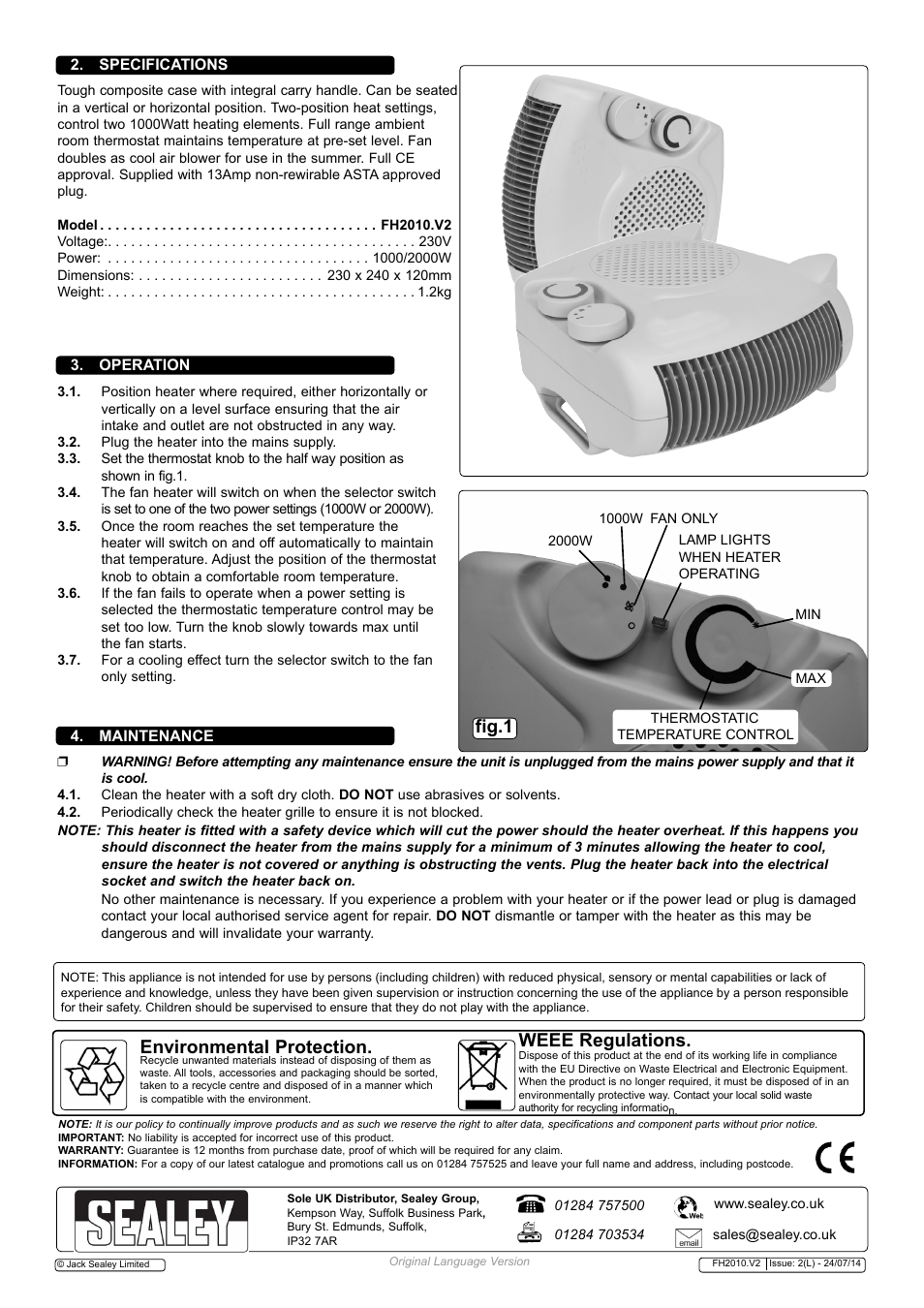 Fig.1, Environmental protection, Weee regulations | Sealey FH2010 User Manual | Page 2 / 2