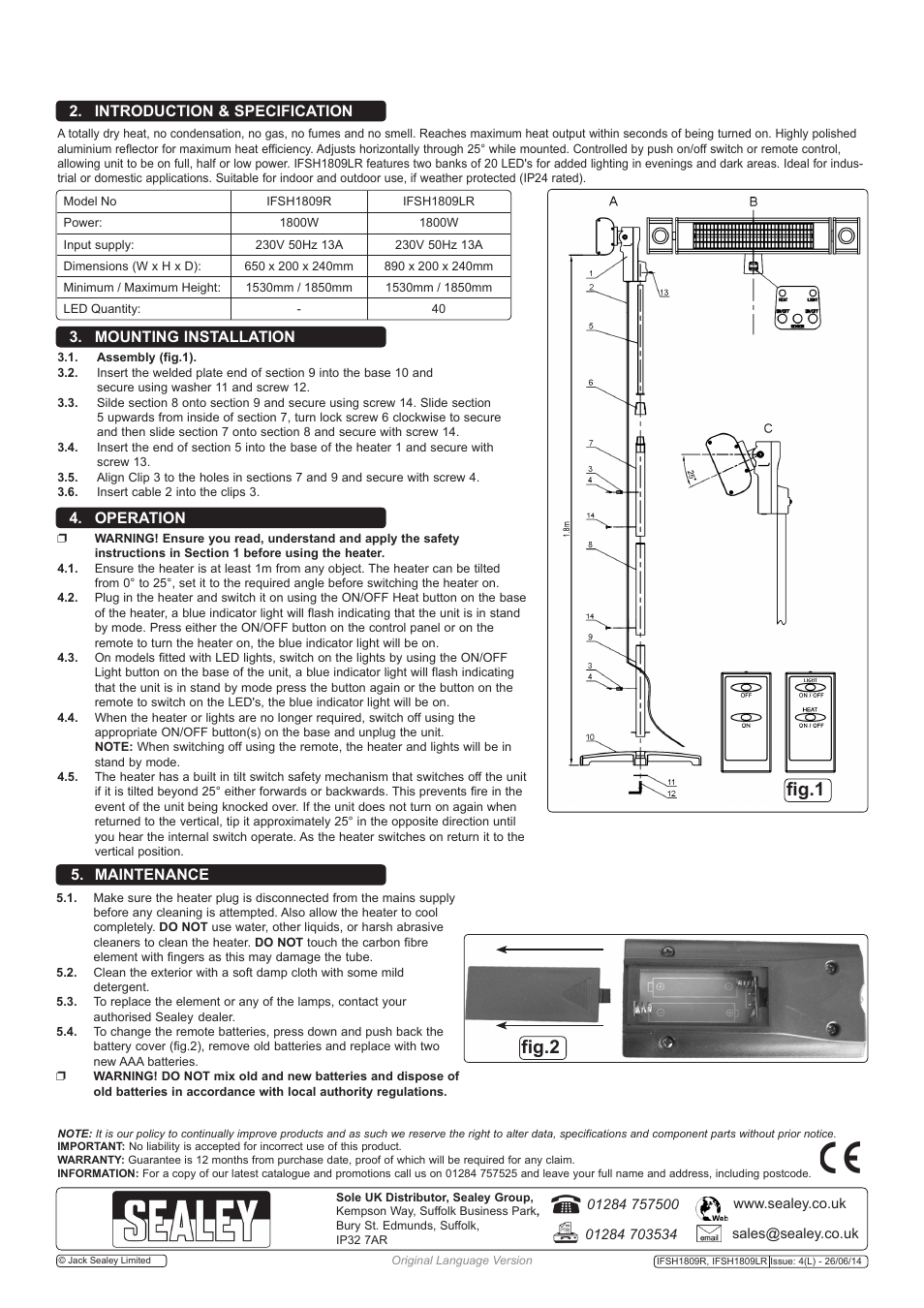 Fig.2 fig.1, Mounting installation, Introduction & specification | Operation 5. maintenance | Sealey IFSH1809LR User Manual | Page 2 / 2