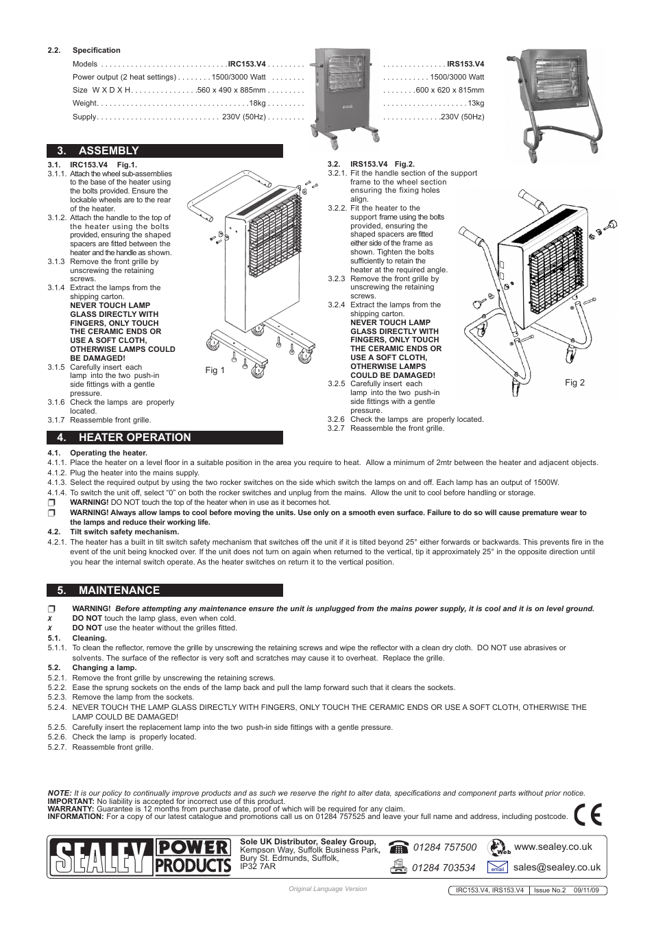 Assembly, Heater operation, Maintenance | Sealey IRC153 User Manual | Page 2 / 2